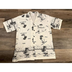 Vintage Men's black and white hawaiian shirt Caribbean islands Aruba size Large